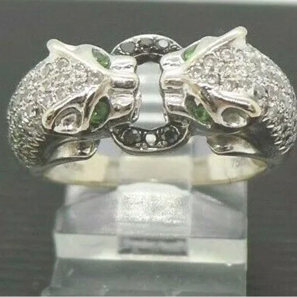 18K WHITE SOLID GOLD LADIES PANTHER DIAMOND and EMERALD RING - Picture 9 of 13